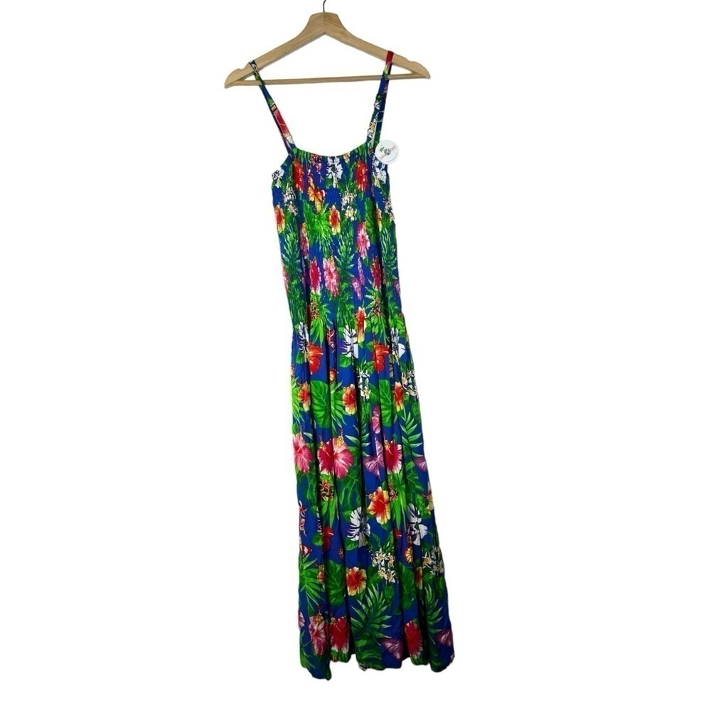 Boutique Island Planet Royal Blue Tropical‎ Floral Smocked Maxi Dress S